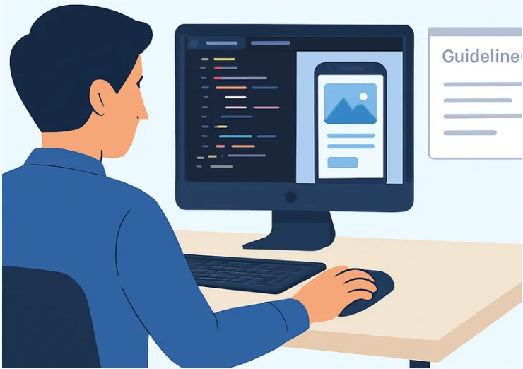 A designer using Xcode to develop a user-friendly UI with Apple design guidelines open in the background