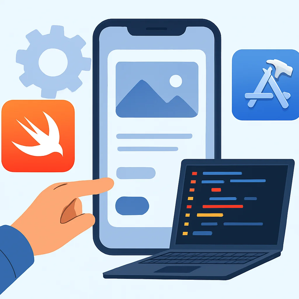 An illustration of various tools like Swift and Xcode in action, crafting a cutting-edge iOS app
